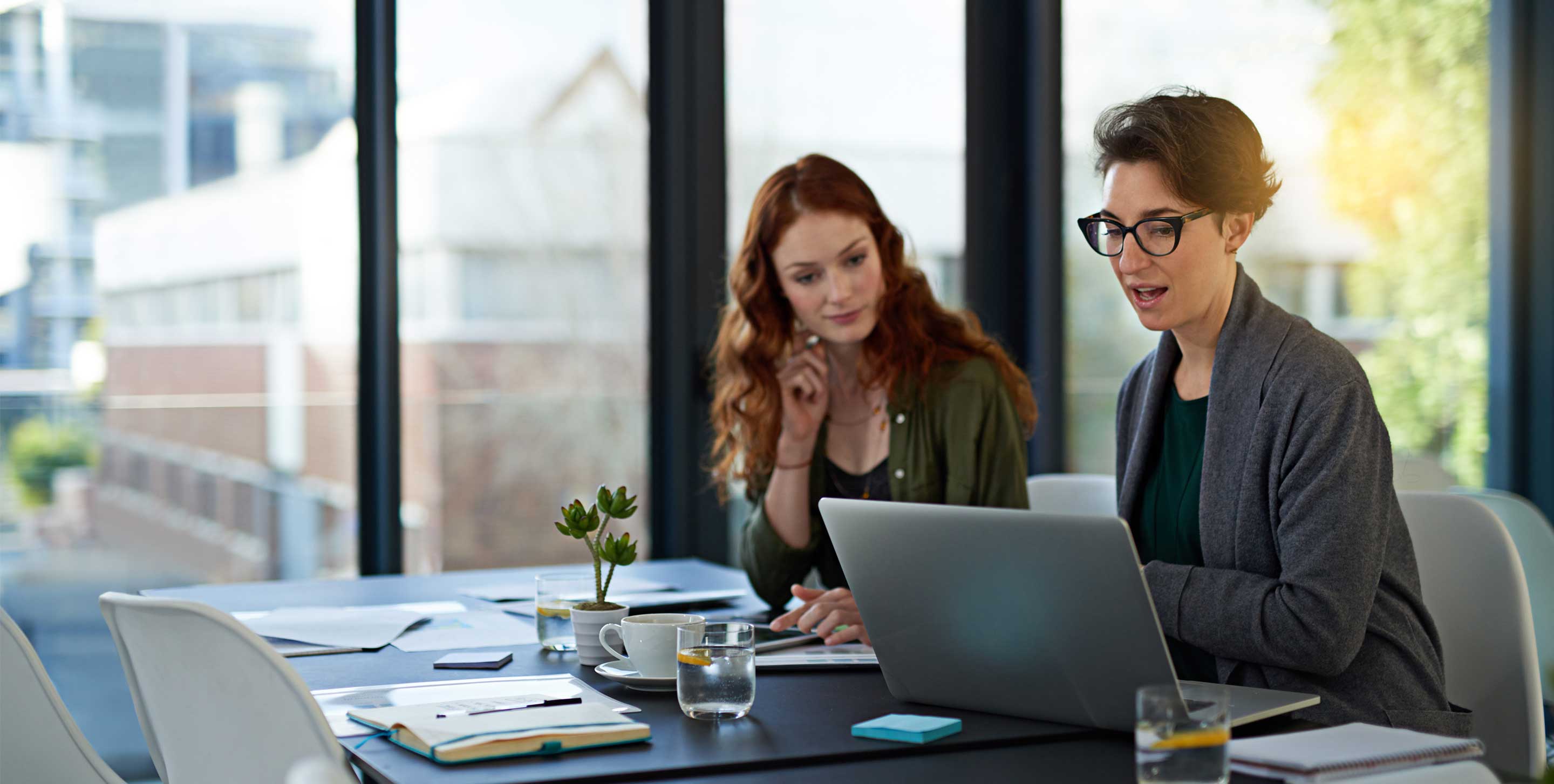 two business women working on a laptop