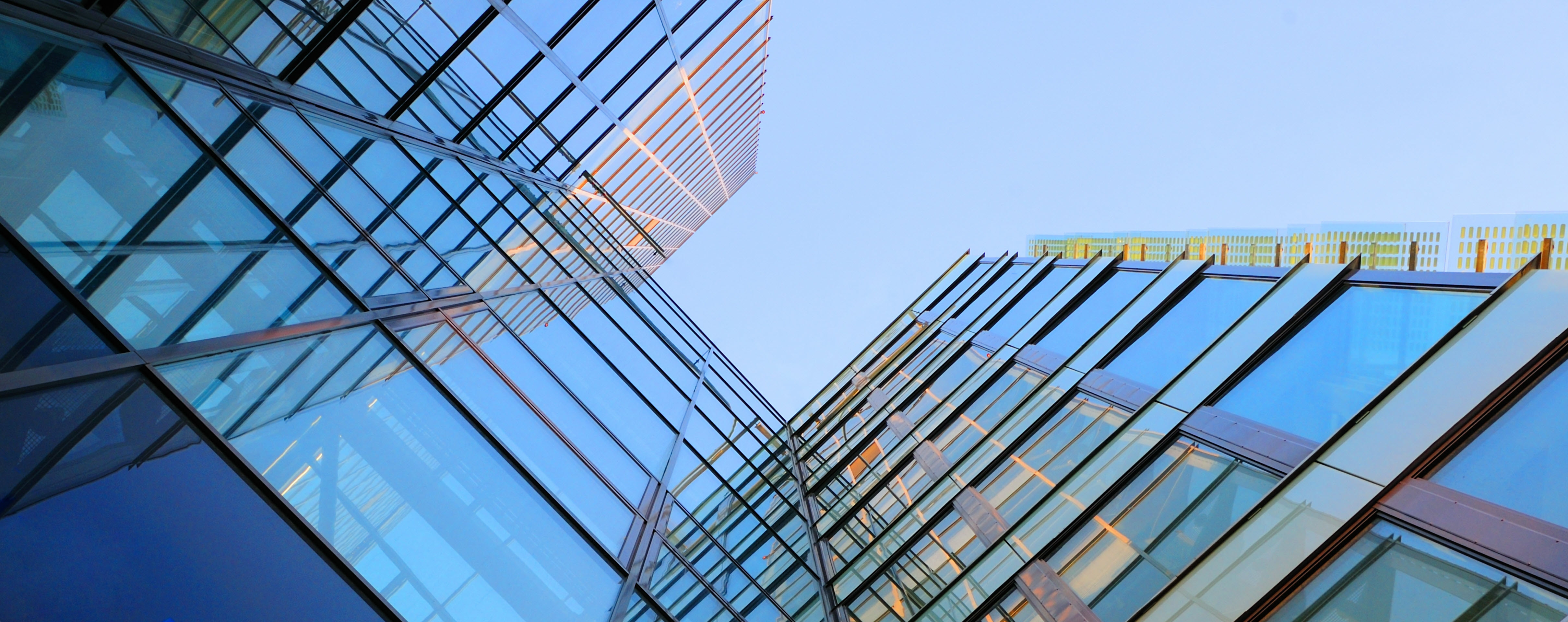 The vibrant blue glass-front of an enterprise business, as shot from the entrance looking up.