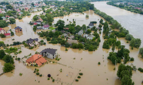 Overhead image of a town hit by a natural disaster.