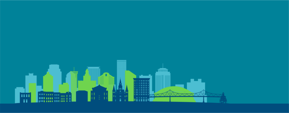 A stylized depiction of the New Orleans skyline, with buildings styled in Vertex's colors.